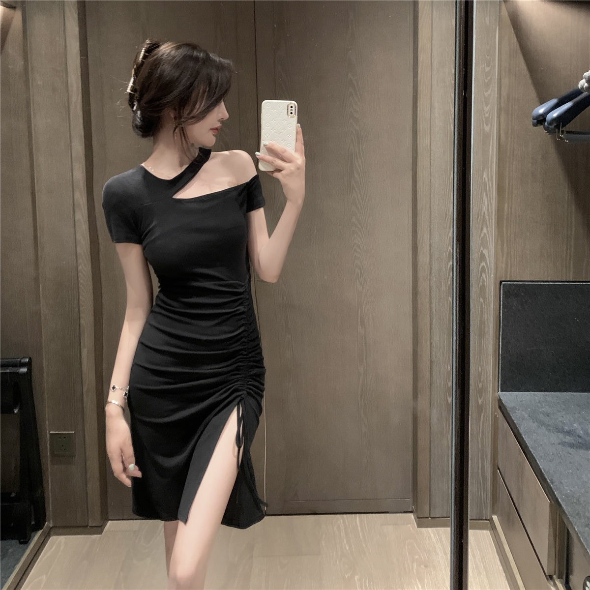 Modern Parties & Dates Black Bodycon One Short Sleeves Midi Dress Vintage Asymmetric Cutout Shoulder Slit Short Dress AP1766