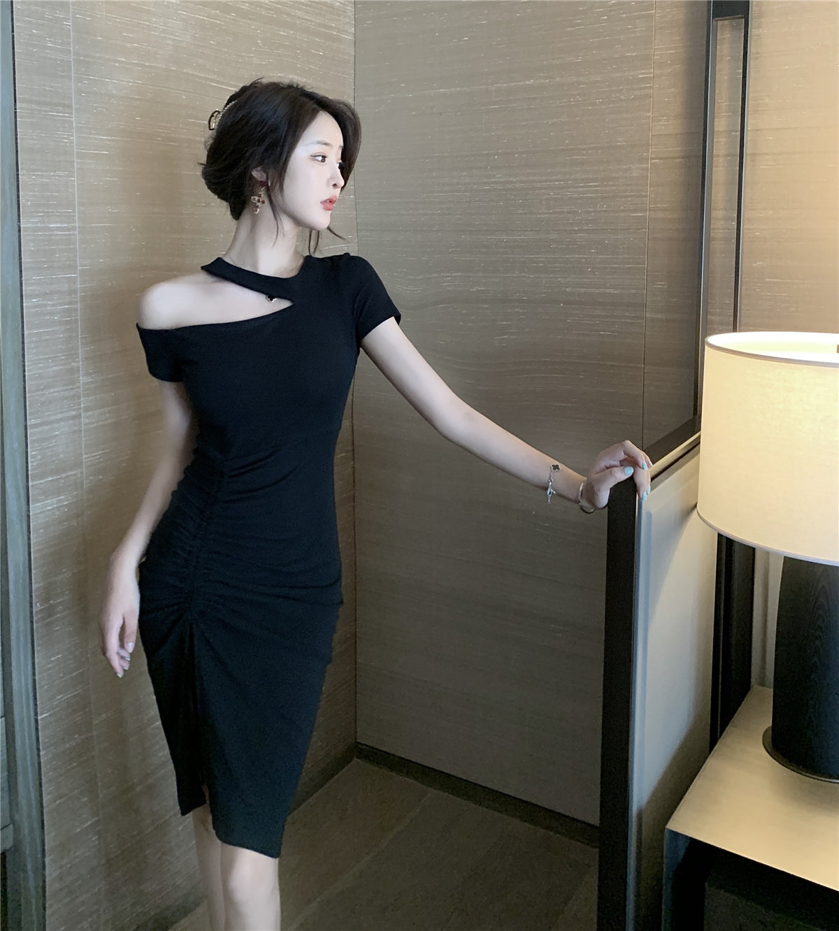 Modern Parties & Dates Black Bodycon One Short Sleeves Midi Dress Vintage Asymmetric Cutout Shoulder Slit Short Dress AP1766