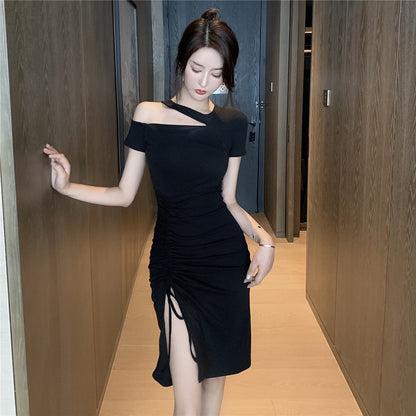 Modern Parties & Dates Black Bodycon One Short Sleeves Midi Dress Vintage Asymmetric Cutout Shoulder Slit Short Dress AP1766
