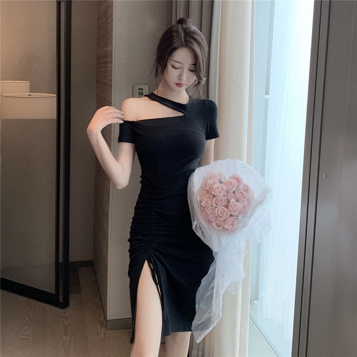 Modern Parties & Dates Black Bodycon One Short Sleeves Midi Dress Vintage Asymmetric Cutout Shoulder Slit Short Dress AP1766