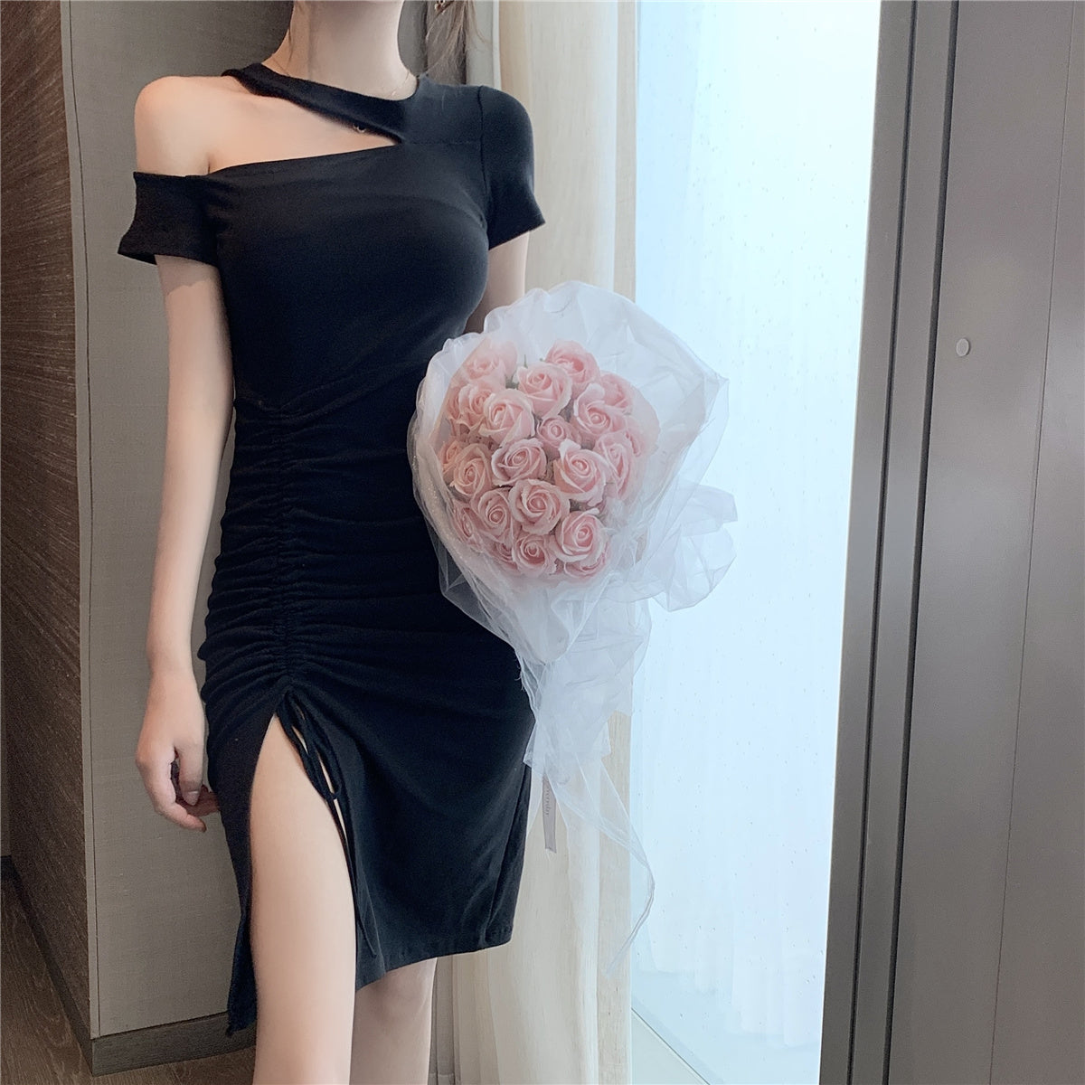 Modern Parties & Dates Black Bodycon One Short Sleeves Midi Dress Vintage Asymmetric Cutout Shoulder Slit Short Dress AP1766
