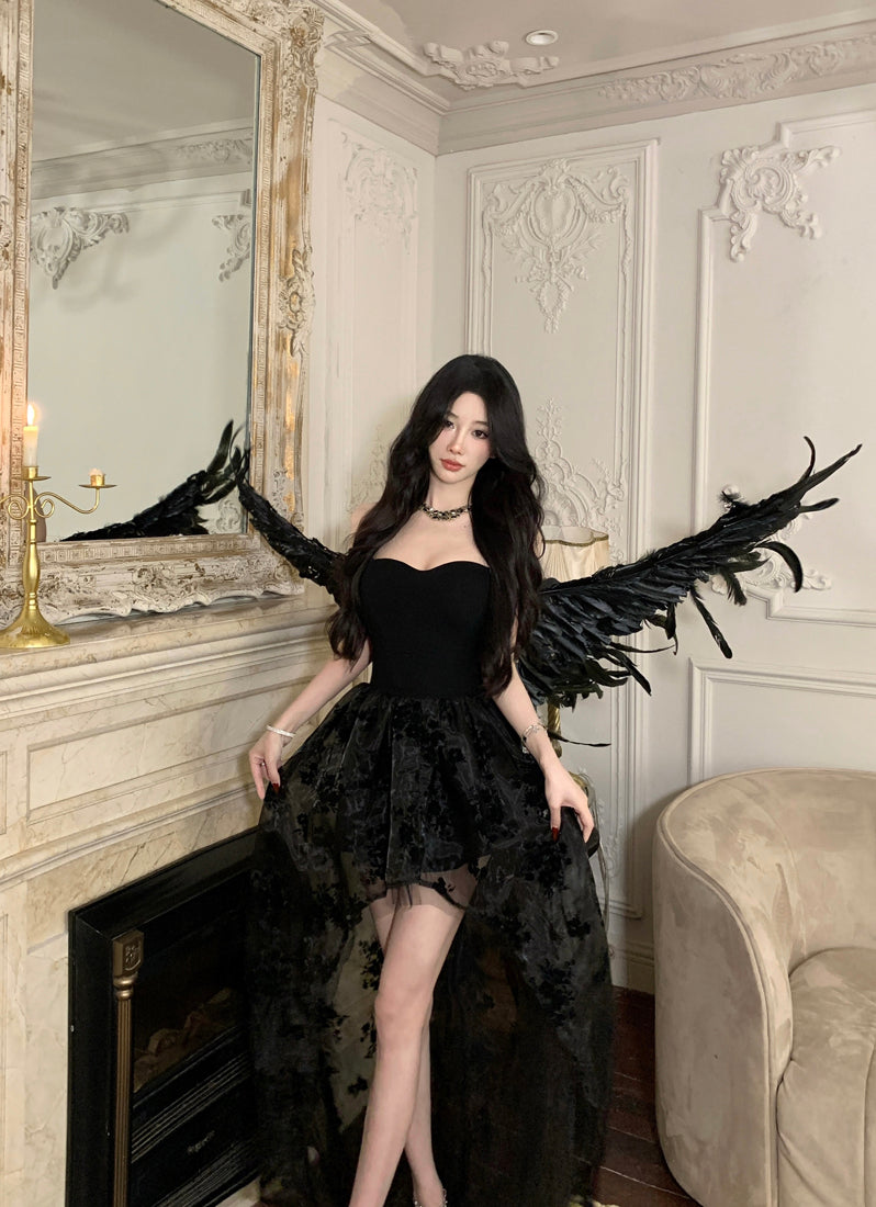 Gothic-Inspired Black Strapless High-Low Hem Maxi Dress Charming Embroidered Tulle Overlay Long Dress AP1768