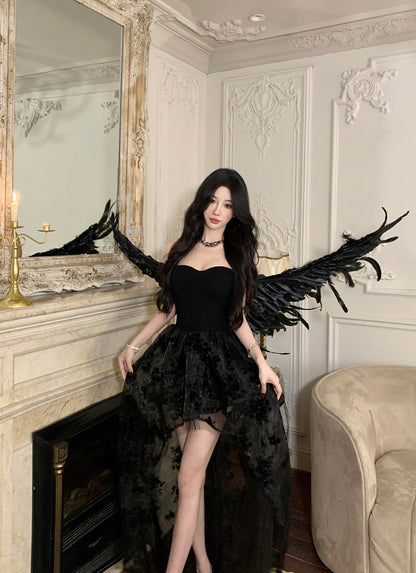 Gothic-Inspired Black Strapless High-Low Hem Maxi Dress Charming Embroidered Tulle Overlay Long Dress AP1768