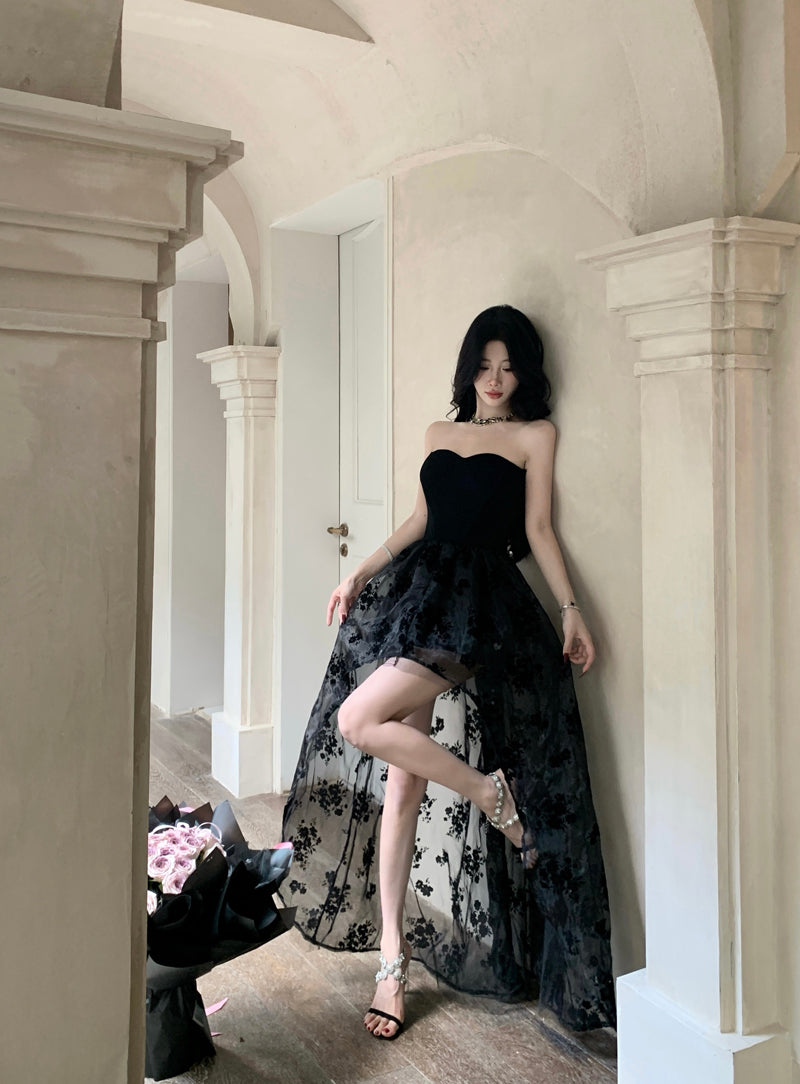 Gothic-Inspired Black Strapless High-Low Hem Maxi Dress Charming Embroidered Tulle Overlay Long Dress AP1768