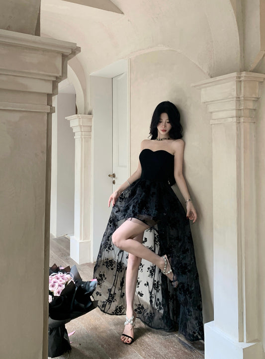 Gothic-Inspired Black Strapless High-Low Hem Maxi Dress Charming Embroidered Tulle Overlay Long Dress AP1768