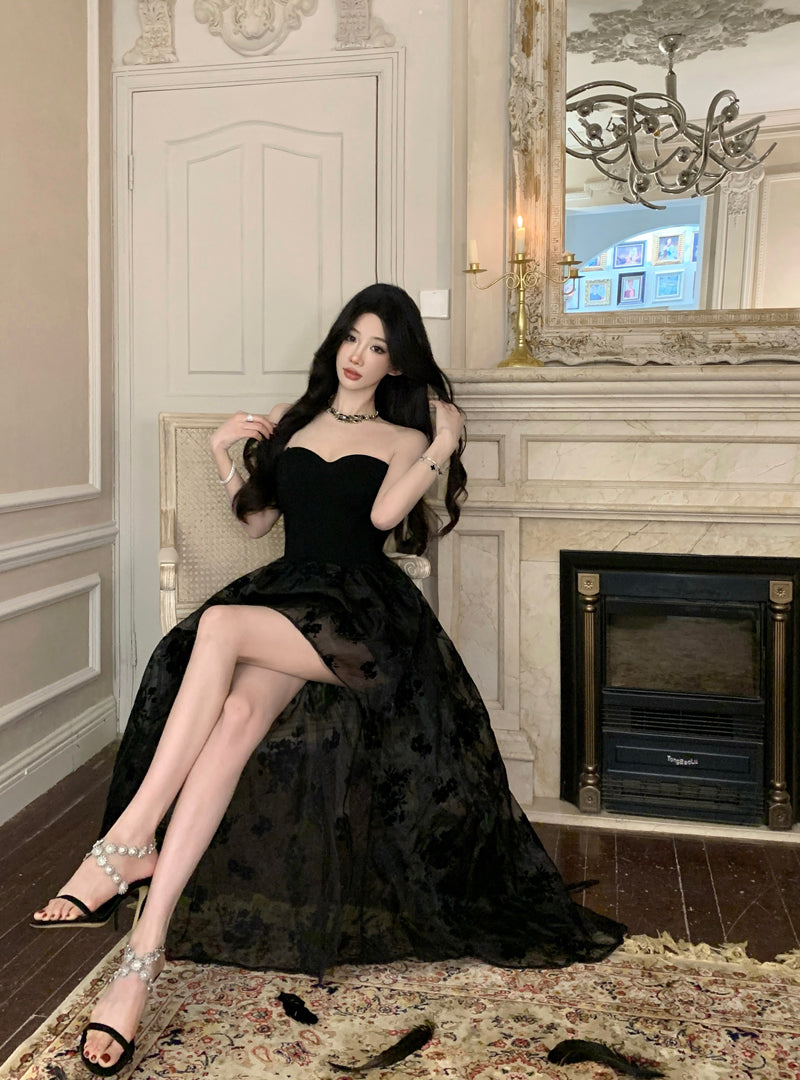 Gothic-Inspired Black Strapless High-Low Hem Maxi Dress Charming Embroidered Tulle Overlay Long Dress AP1768