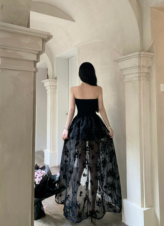 Gothic-Inspired Black Strapless High-Low Hem Maxi Dress Charming Embroidered Tulle Overlay Long Dress AP1768