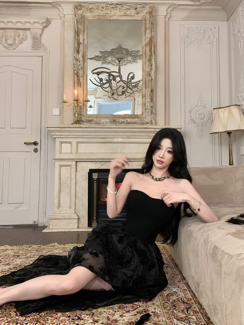 Gothic-Inspired Black Strapless High-Low Hem Maxi Dress Charming Embroidered Tulle Overlay Long Dress AP1768