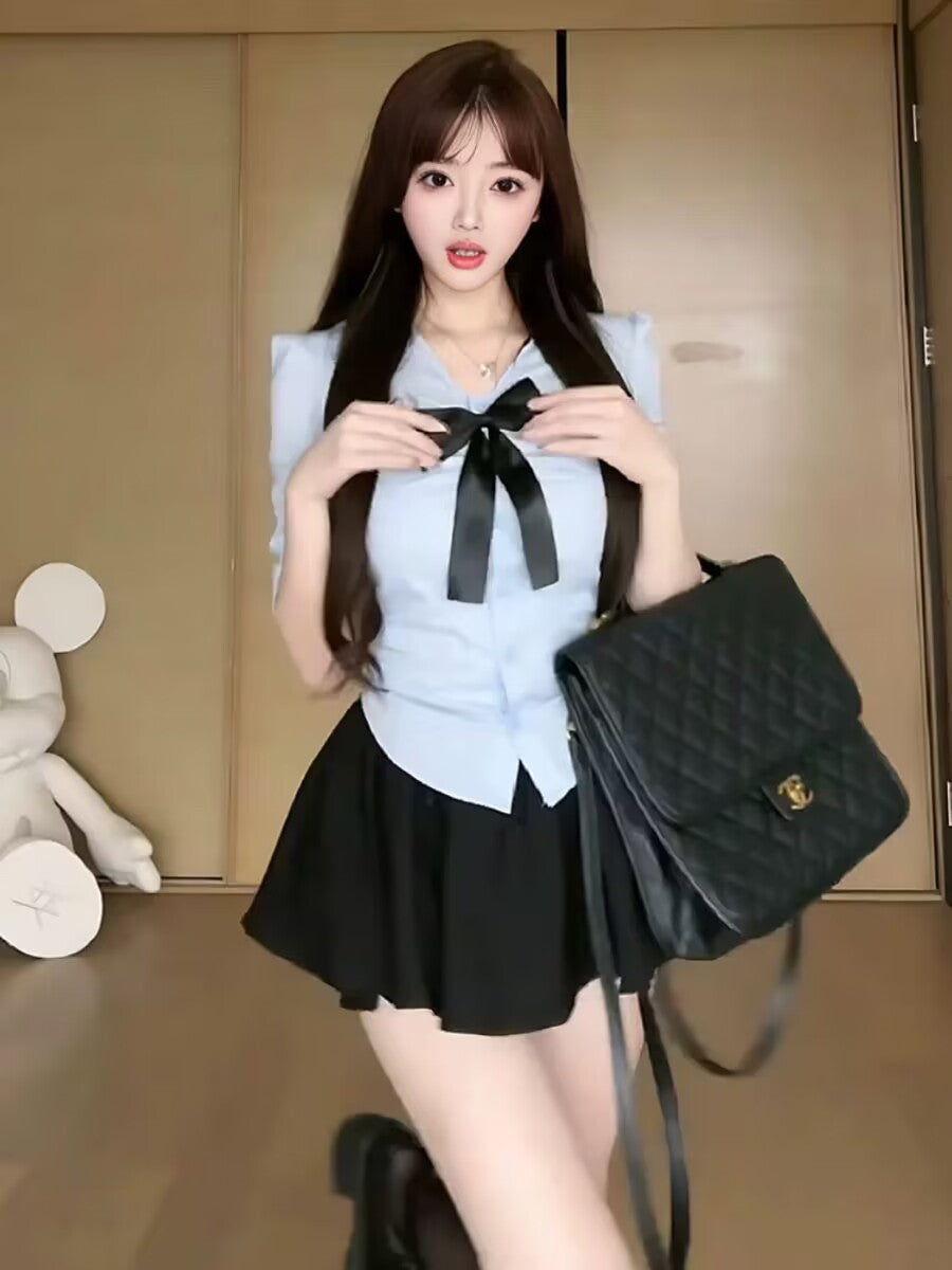 Everyday Wear 2-Piece Set Light Blue 3/4 Sleeve Mini Skirt School Theme Parties Outfit Black Bow Accent Black Pleated Short Dress AP1769
