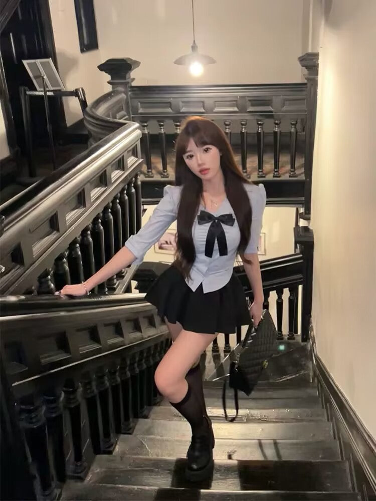 Everyday Wear 2-Piece Set Light Blue 3/4 Sleeve Mini Skirt School Theme Parties Outfit Black Bow Accent Black Pleated Short Dress AP1769