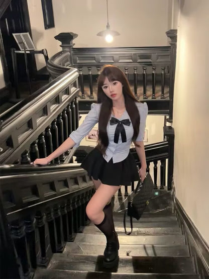 Everyday Wear 2-Piece Set Light Blue 3/4 Sleeve Mini Skirt School Theme Parties Outfit Black Bow Accent Black Pleated Short Dress AP1769