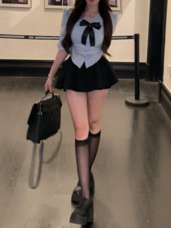 Everyday Wear 2-Piece Set Light Blue 3/4 Sleeve Mini Skirt School Theme Parties Outfit Black Bow Accent Black Pleated Short Dress AP1769