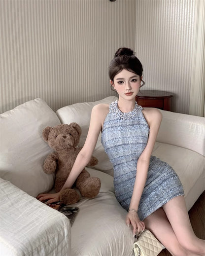 Hot Girls Pale Blue Plaid Tweed Bodycon Mini Skirt Gen Z Style Beading Neck Evening Outfit Halter Short Dress AP1770