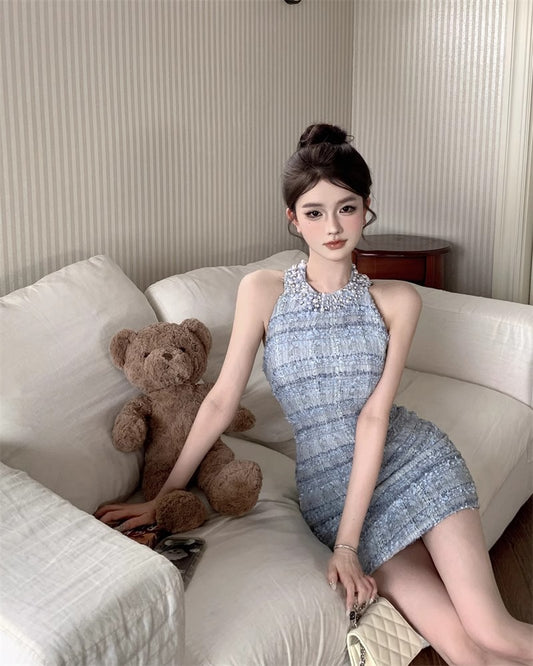 Hot Girls Pale Blue Plaid Tweed Bodycon Mini Skirt Gen Z Style Beading Neck Evening Outfit Halter Short Dress AP1770