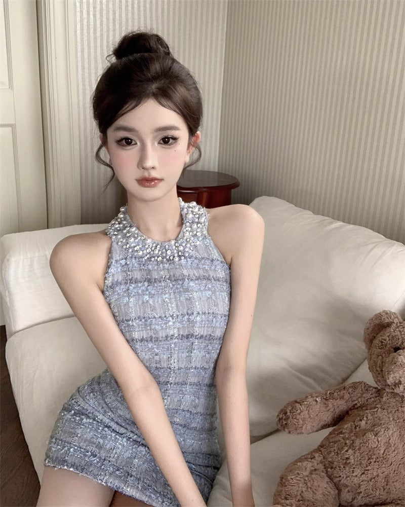 Hot Girls Pale Blue Plaid Tweed Bodycon Mini Skirt Gen Z Style Beading Neck Evening Outfit Halter Short Dress AP1770