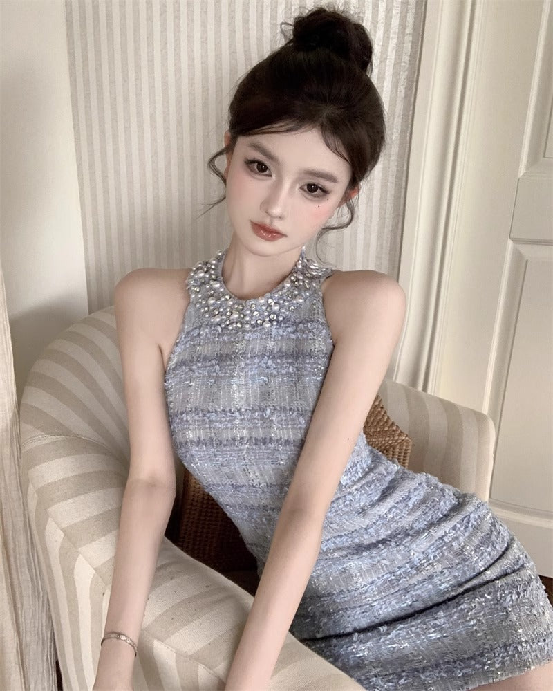 Hot Girls Pale Blue Plaid Tweed Bodycon Mini Skirt Gen Z Style Beading Neck Evening Outfit Halter Short Dress AP1770