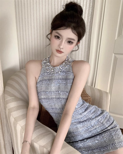 Hot Girls Pale Blue Plaid Tweed Bodycon Mini Skirt Gen Z Style Beading Neck Evening Outfit Halter Short Dress AP1770