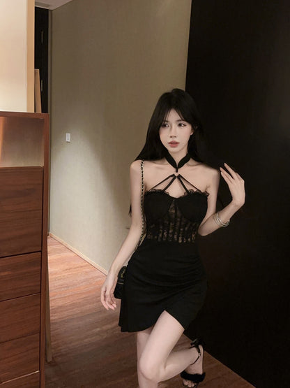 Romantic Lace-Trimmed Black Choker Neck Mini Skirt Vogue Backless Ruched Asymmetric Hem Halter Short Dress AP1771