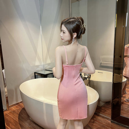 Classical Bodycon Spaghetti Strap Pink Ruched Mini Skirt Cute Parties Outfit Backless Rhinestone Neckline Short Dress AP1772