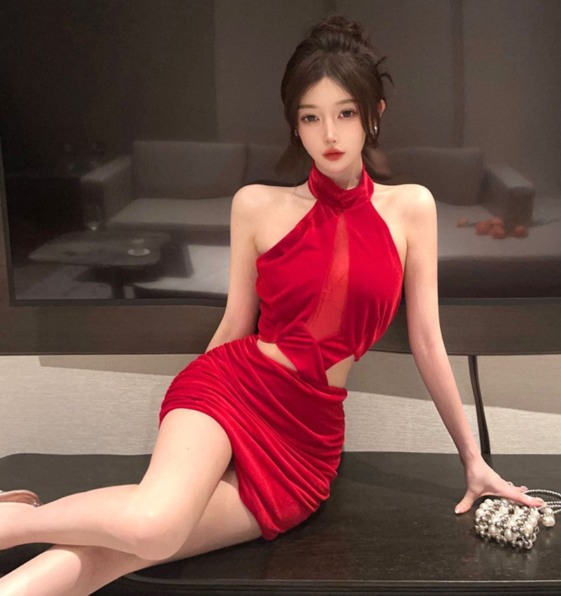 Glamorous Red Velvet Sheer Mesh Cutout Mini Skirt Retro Side Cutouts Ruched Bodycon Halter Short Dress AP1773