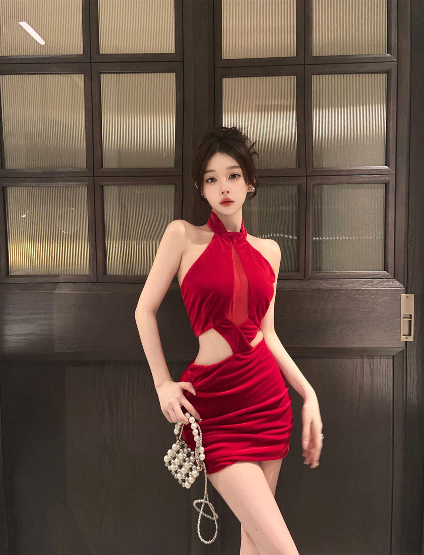 Glamorous Red Velvet Sheer Mesh Cutout Mini Skirt Retro Side Cutouts Ruched Bodycon Halter Short Dress AP1773