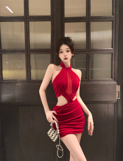 Glamorous Red Velvet Sheer Mesh Cutout Mini Skirt Retro Side Cutouts Ruched Bodycon Halter Short Dress AP1773