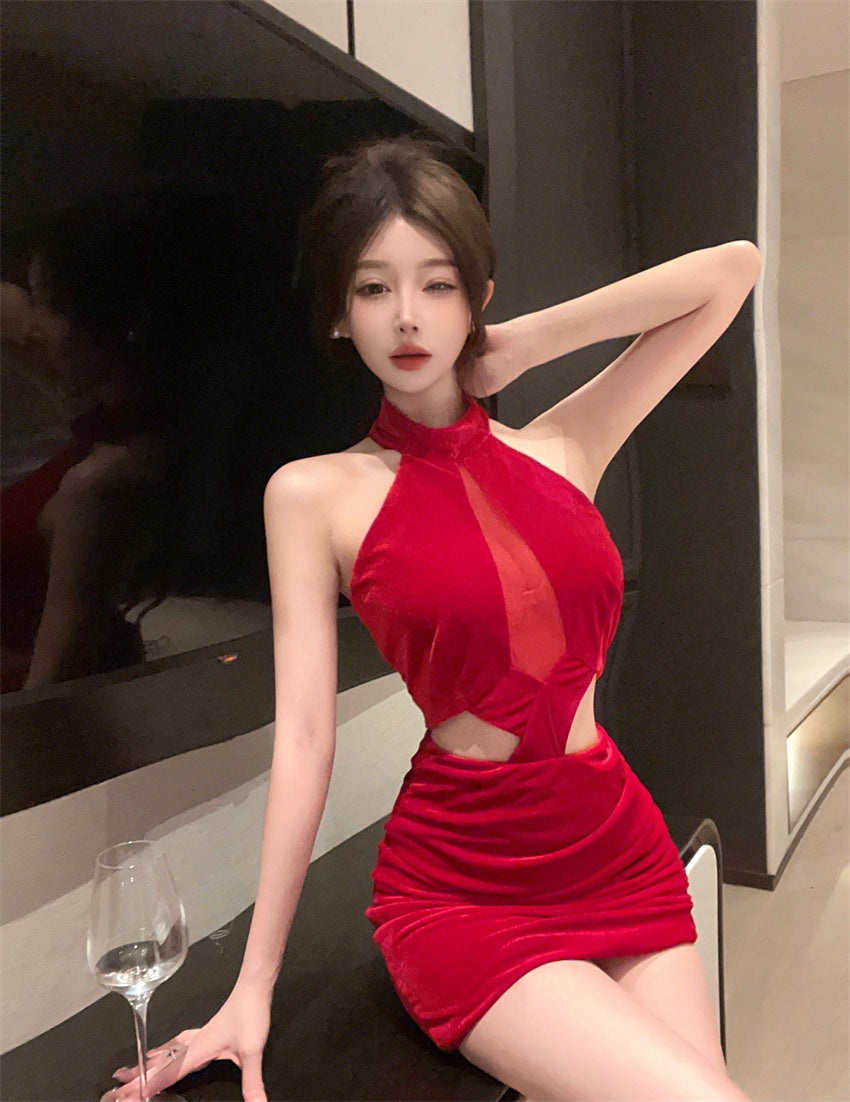 Glamorous Red Velvet Sheer Mesh Cutout Mini Skirt Retro Side Cutouts Ruched Bodycon Halter Short Dress AP1773