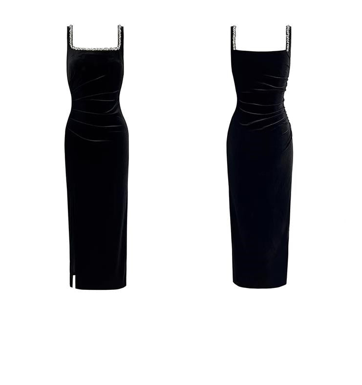 Graceful Shining Black Rhinestone Trimmed Maxi Dress Chic Bodycon Evening Outfit High-Slit Velvet Long Dress AP1774