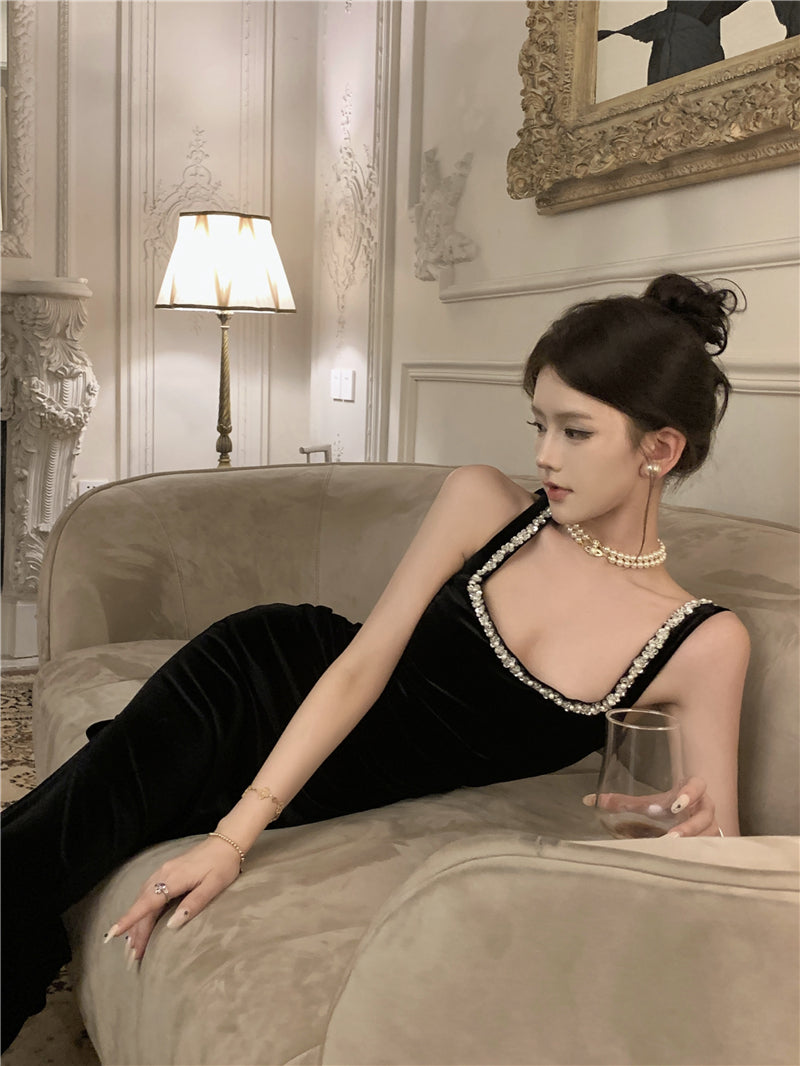 Graceful Shining Black Rhinestone Trimmed Maxi Dress Chic Bodycon Evening Outfit High-Slit Velvet Long Dress AP1774