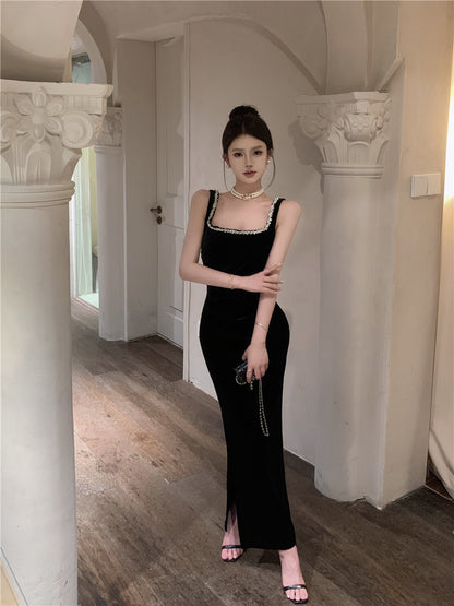 Graceful Shining Black Rhinestone Trimmed Maxi Dress Chic Bodycon Evening Outfit High-Slit Velvet Long Dress AP1774