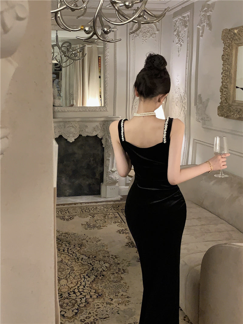 Graceful Shining Black Rhinestone Trimmed Maxi Dress Chic Bodycon Evening Outfit High-Slit Velvet Long Dress AP1774