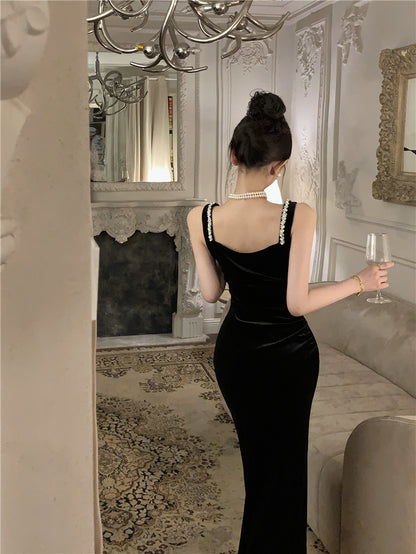 Graceful Shining Black Rhinestone Trimmed Maxi Dress Chic Bodycon Evening Outfit High-Slit Velvet Long Dress AP1774