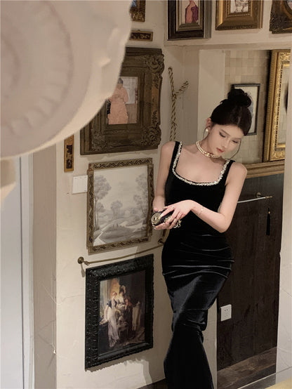 Graceful Shining Black Rhinestone Trimmed Maxi Dress Chic Bodycon Evening Outfit High-Slit Velvet Long Dress AP1774