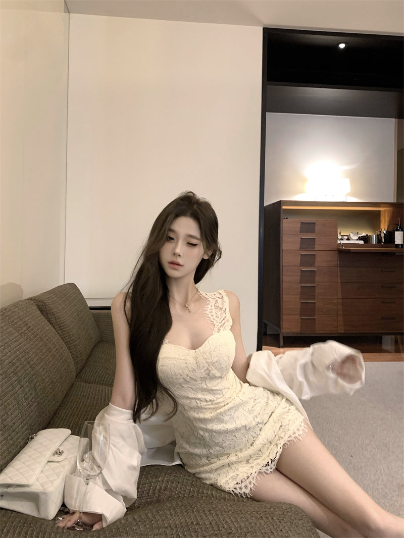 Glamorous White Lace Trimmed Strap Party Nights Mini Skirt Dreamy Sheath Sweetheart Neckline Short Dress AP1775