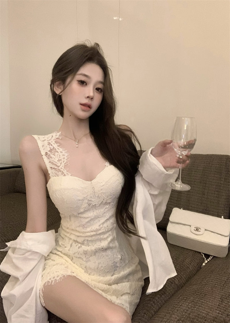 Glamorous White Lace Trimmed Strap Party Nights Mini Skirt Dreamy Sheath Sweetheart Neckline Short Dress AP1775