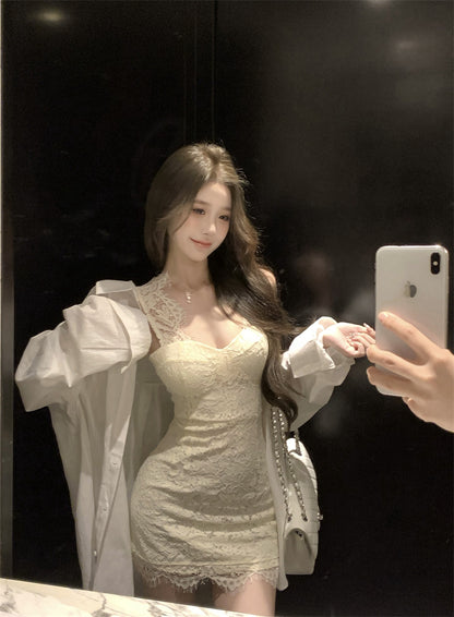 Glamorous White Lace Trimmed Strap Party Nights Mini Skirt Dreamy Sheath Sweetheart Neckline Short Dress AP1775