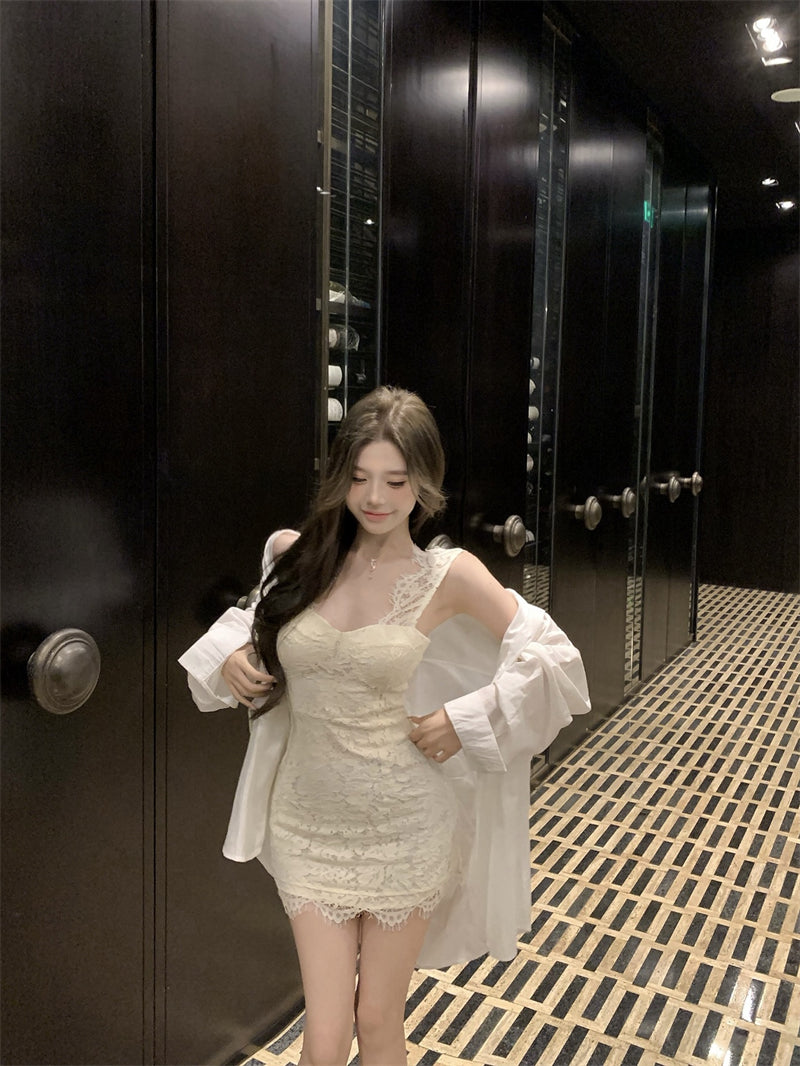 Glamorous White Lace Trimmed Strap Party Nights Mini Skirt Dreamy Sheath Sweetheart Neckline Short Dress AP1775