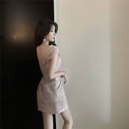 Artistic One-Shoulder Glittery Bodycon Nightclub Mini Dress Glamorous Asymmetric Hem Ruched Short Dress AP1778