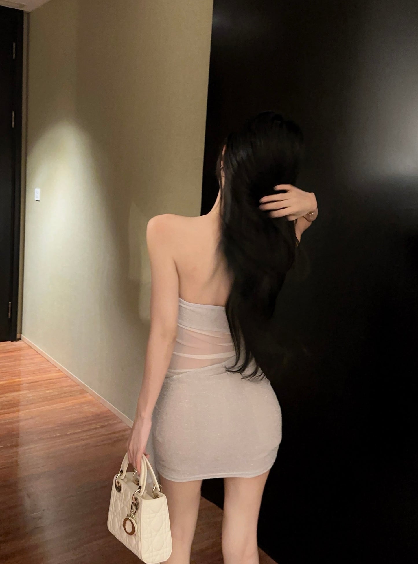 Glamorous Party Nights Glitter Fabric Strapless Sheer Mesh Trimmed Mini Dress 3D Flower Accent Draped Hem Short Dress AP1779