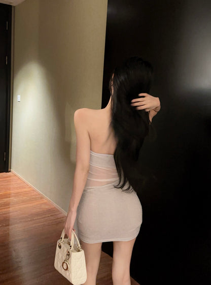 Glamorous Party Nights Glitter Fabric Strapless Sheer Mesh Trimmed Mini Dress 3D Flower Accent Draped Hem Short Dress AP1779