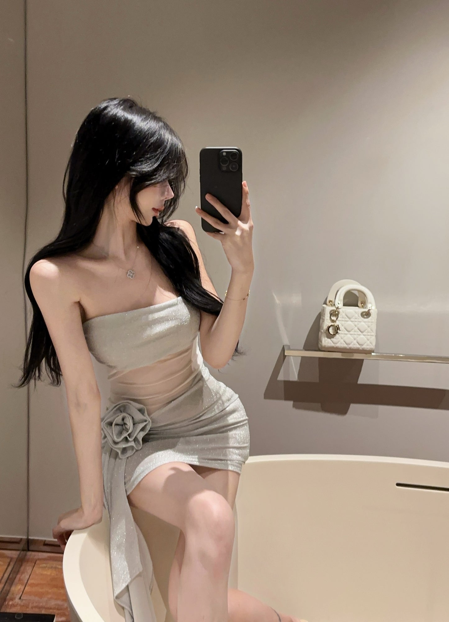 Glamorous Party Nights Glitter Fabric Strapless Sheer Mesh Trimmed Mini Dress 3D Flower Accent Draped Hem Short Dress AP1779