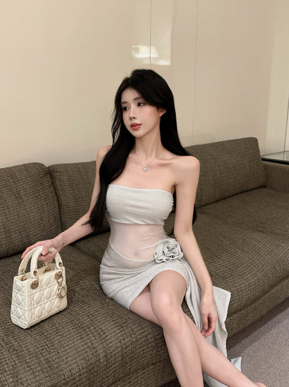 Glamorous Party Nights Glitter Fabric Strapless Sheer Mesh Trimmed Mini Dress 3D Flower Accent Draped Hem Short Dress AP1779