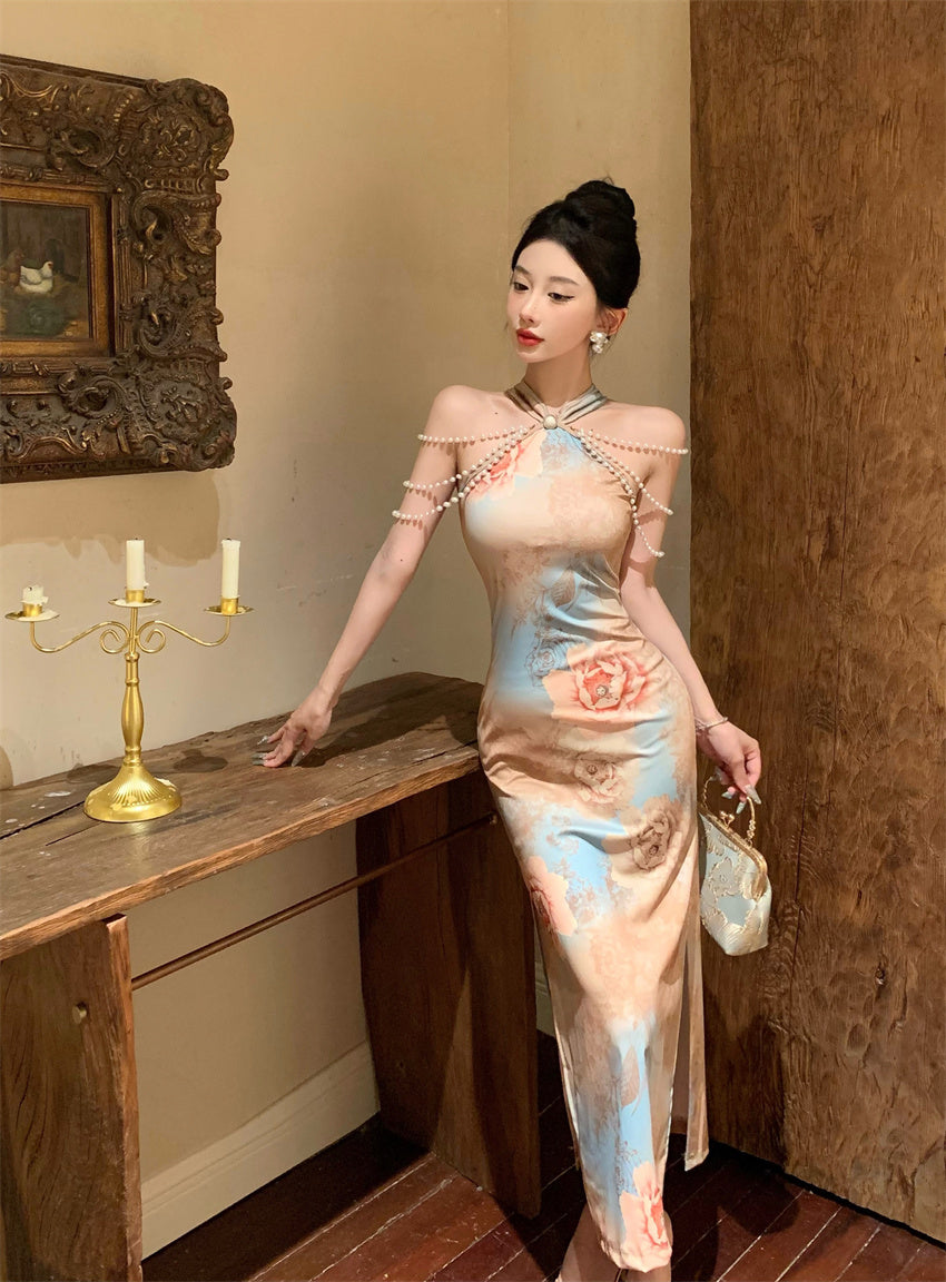 Opulent Pearl-Embellished Oriental Floral Print Mermaid Maxi Dress Unique Pearl Chains Off-Shoulder Halter Long Dress AP1780