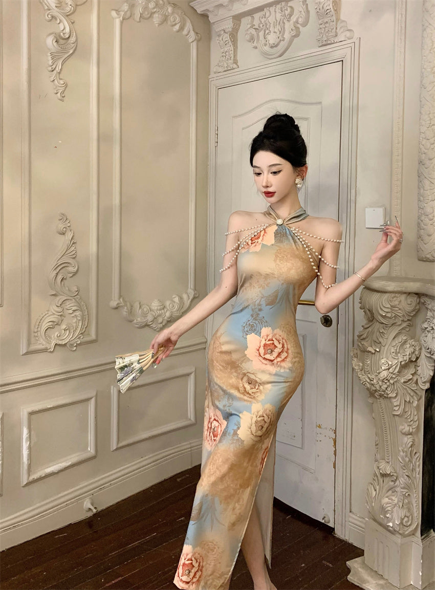 Opulent Pearl-Embellished Oriental Floral Print Mermaid Maxi Dress Unique Pearl Chains Off-Shoulder Halter Long Dress AP1780