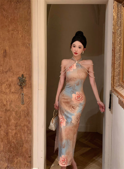 Opulent Pearl-Embellished Oriental Floral Print Mermaid Maxi Dress Unique Pearl Chains Off-Shoulder Halter Long Dress AP1780