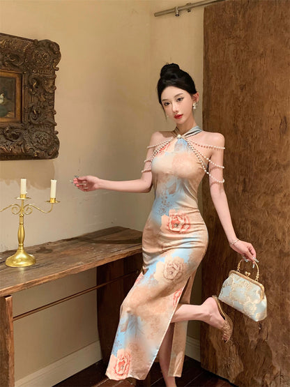 Opulent Pearl-Embellished Oriental Floral Print Mermaid Maxi Dress Unique Pearl Chains Off-Shoulder Halter Long Dress AP1780