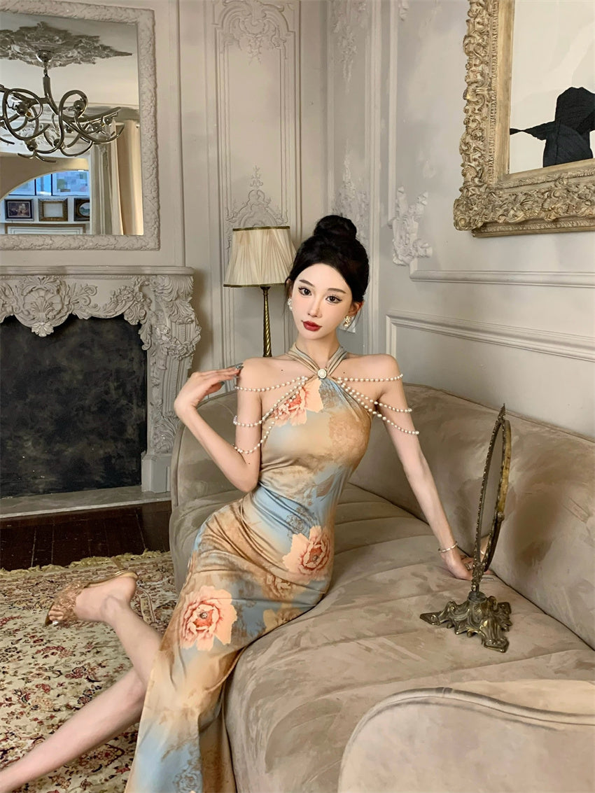 Opulent Pearl-Embellished Oriental Floral Print Mermaid Maxi Dress Unique Pearl Chains Off-Shoulder Halter Long Dress AP1780