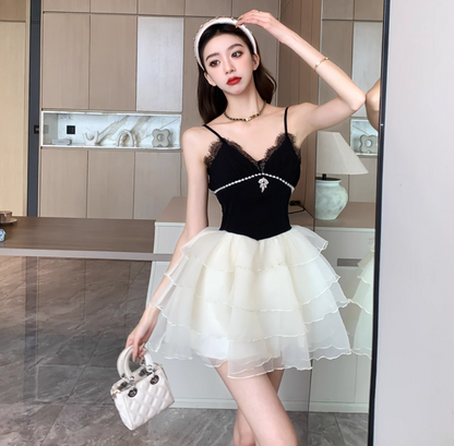 Graceful Party-Ready Spaghetti Strap Lace Trimmed Mini Skirt Unique White Layered Tulle Puff Hem Rhinestone Accent Short Dress AP1781