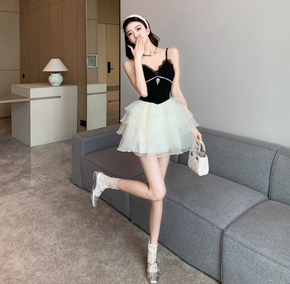 Graceful Party-Ready Spaghetti Strap Lace Trimmed Mini Skirt Unique White Layered Tulle Puff Hem Rhinestone Accent Short Dress AP1781
