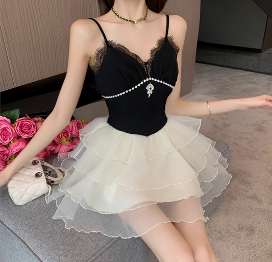 Graceful Party-Ready Spaghetti Strap Lace Trimmed Mini Skirt Unique White Layered Tulle Puff Hem Rhinestone Accent Short Dress AP1781